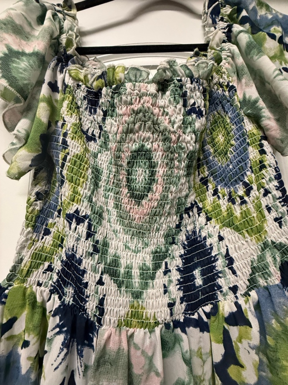 Boho Smocked Tie Dye Peplum Top 1X Green Blue Flutter Sleeve Flowy - Picture 6 of 6